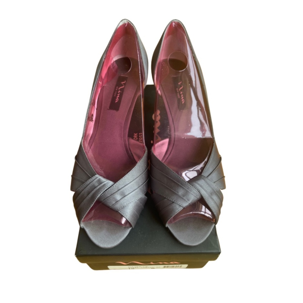 Nina Culver Satin Peep Toe Heels in Steel